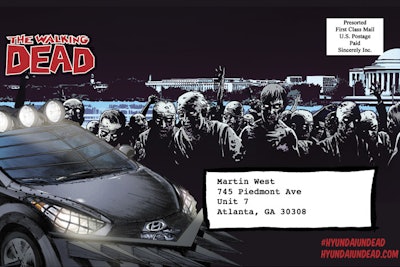 Postagram Engage postcards can be customized with messages and artwork on both sides. The postcard Sincerely created for the Walking Dead booth at Comic-Con had the guest's photo on one side and the comic book's artwork on the other side.