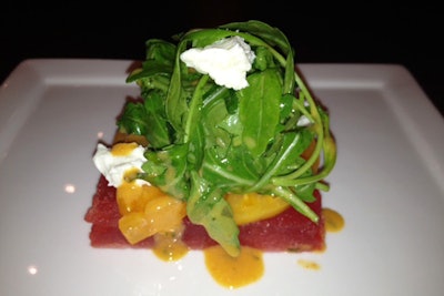 Now being served on catering menus at Renaissance Orlando at SeaWorld is a compressed local watermelon salad with heirloom tomatoes, basil, baby arugula, feta, and a cayenne vinaigrette.