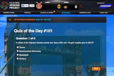 Samsung's U.S. Olympic Genome Project connects fans with U.S. athletes and offers games and prizes through a Facebook-based app.