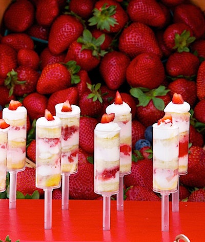 Wolfgang Puck Catering makes whimsical use of seasonal produce with these strawberry shortcake push pops at the Sunset Room by Wolfgang Puck.