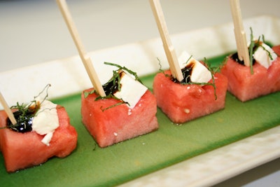 Tables of Content's watermelon with cubed feta and aged balsamic makes for a summery passed hors d’oeuvre.