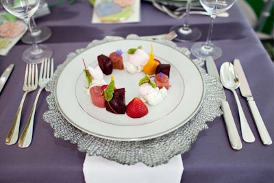 The Catered Affair offers a plated summer salad of baby beets, strawberries, rhubarb mousse, and Vermont chèvre with cabernet sauvignon vinaigrette.