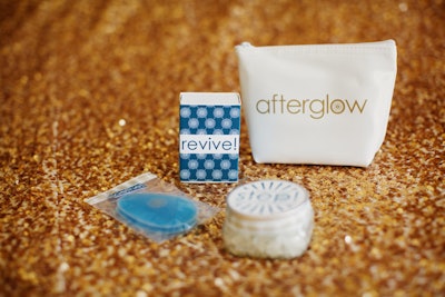 On the last evening, an “After Glow” kit was placed on guests’ pillows during turndown service. The pouch included a gel eye mask, a foot soak, and a box of hangover remedies like Tylenol, Alka Seltzer, eye drops, and ear plugs.