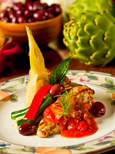 The Gaylord Palms Resort & Convention Center's catering department is now offering Tuscan-style chicken breast seasoned with Italian herbs and served with artichoke, fennel, tomatoes, kalamata olives, and pomodoro sauce.