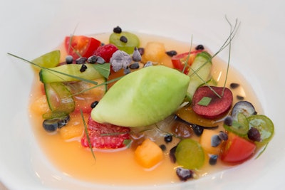 Nathan Myhrvold prepared fruit minestrone with vacuum-infused fruits and vegetables and candied white beans.