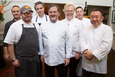 Several chefs collaborated on the dinner, including (from left to right) David Myers, Sean Brock, Maxime Bilet, Charlie Trotter, Nathan Myhrvold, Charlie Trotter's chef Michael Rotundo, and Tetsuya Wakuda.