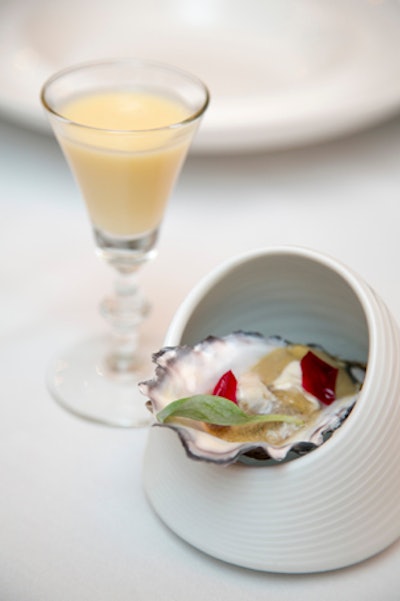 Nathan Myhrvold, author of Modernist Cuisine, worked with his team to prepare cryo-shucked oysters on the half shell with sunchoke cream and picked roses. Cyro-shucking is a technique that involves freezing oysters and letting their shells open as they slowly thaw.