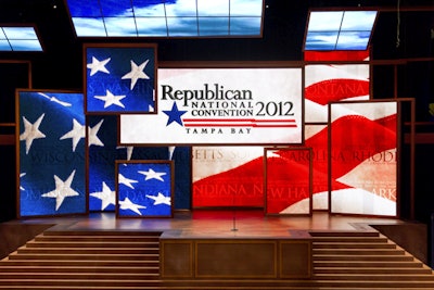 Inside the Tampa Bay Times Forum, 15 LED screens will provide images during the Republican National Convention. Thirteen screens in various sizes are on the stage, including three above that give the appearance of a skylight. Organizers say the podium was designed to give a sense of 'America's living room,' with traditional American Prairie architecture and modern technology.