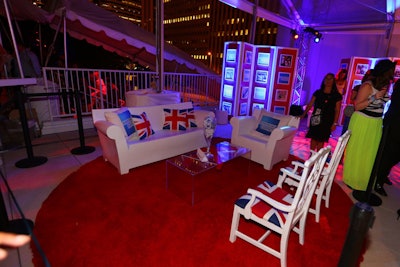 American Express sponsored a lounge area where furniture had pillows printed with Union Jack flags. Folding walls held artwork from old Beatles and Rolling Stones albums.