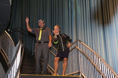 After the Canteen C.E.O. delivered a presentation on the new brand, a fashion show took place in the venue's River Bar. Models wearing the company's new uniforms posed on the staircase, then circulated and mingled with guests.