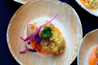 Buttermilk-fried oysters topped with collard green pesto and served over spicy citrus aioli is one of the items created by La-tea-da's Catering and Blue Ridge Catering for parties during the Democratic National Convention.