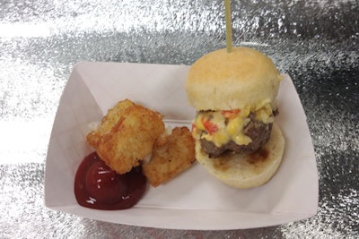 At the Massachusetts Democrats reception, guests will dine on ground beef burgers topped with La-tea-da's pimento cheese and a bread-and-butter pickle served with truffled tater tots and chipotle ketchup.