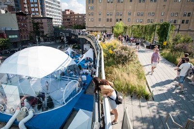 To debut its new car models, Jaguar set up an experiential stunt by the High Line, looking to bring the winter weather to the New York summer via a large snow-globe-like tent.