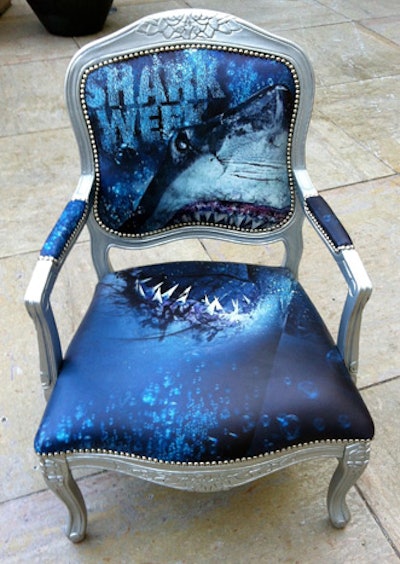 Custom upholstery on chairs showed off Shark Week imagery.