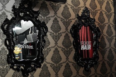 Mirrors at the after-party had decals with the logos of sponsors such as Doritos and Axe Hair.