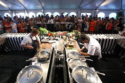 The crowd stood around the perimeter of the exhibition kitchens to watch the chefs prepare the two courses, the first of which needed to include crab and the second, skirt steak.