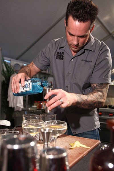 Mixologist Sam Babcock from Bandolero restaurant created a cocktail of Bombay Sapphire, Cocchi Americano, pinot noir and pork bitters, and garnisheed with a pearl onion to pair with Victor Albisu's first course.
