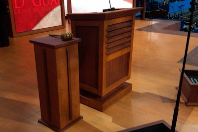 Jack Morton Worldwide also designed the lectern and a tall column that will be used to call proceedings to order. 'In the past, those have been really big and have a shielding effect. We consciously slimmed it down, which goes with the idea of keeping it more approachable,' Fenhagen said.