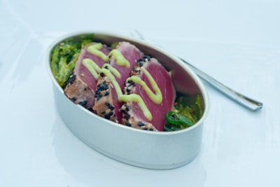 For a new spin on canned tuna, Lacassin will serve seared ahi tuna topped with wasabi sauce on a bed of seaweed salad, all in a single-serving can.