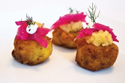 Rustic potato pancakes with homemade apple chutney and pickled red cabbage fennel slaw, by Naturally Delicious Caterers & Events in Brooklyn