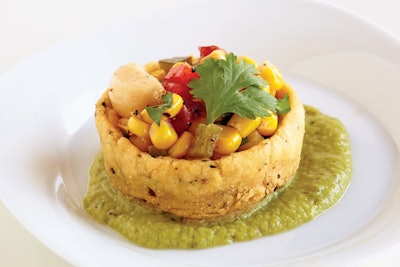 Roasted corn, poblano, and garlic sopes served with salsa verde, by FIG Catering in Chicago