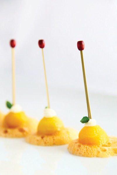 Golden citrus beets served with lemon verbena, mascarpone and honey powder by Occasions Caterers in Washington
