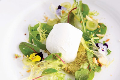 Buffalo mozzarella, watercress, grapes, pistachios and lavender honey-lime vinaigrette by Occasions Caterers in Washington