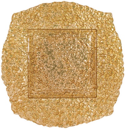 Gold Square Pebble charger, price upon request, available on the East Coast from Party Rental Ltd.