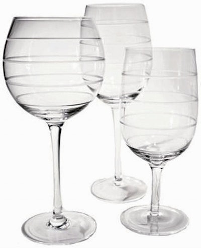 Glassware with etched rings, $0.85 Cdn., available in Toronto from Higgins Event Rentals