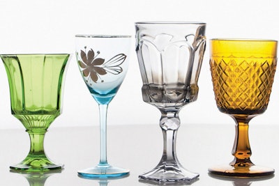 Mismatched vintage glassware, price upon request, available in Boston from Be Our Guest