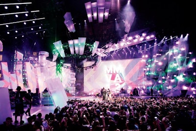 Inspired by an explosion, illuminated acrylic structures expanded out from the center of the main stage at the Much Music Video Awards in Toronto in June.