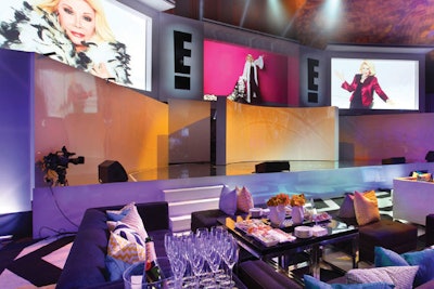 The stage at E!’s upfront in New York in April had three LED screens overhead and three curvilinear walls on the platform. The central panel, which remained in place during the presentation, later slid aside to make room for musical acts.