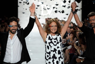 Taking her runway bow with Google co-founder Sergey Brin and—her label's now former creative director—Yvan Mispelaere, Diane von Furstenberg debuted the new, still-in-development 'Glass by Google' concept, an innovative new way to interact with the digital world, at her September 9 show at the Lincoln Center tents. Her backdrop and runway, meanwhile, boasted dozens of 3-D metallic versions of her signature lip motif hanging from the ceiling.