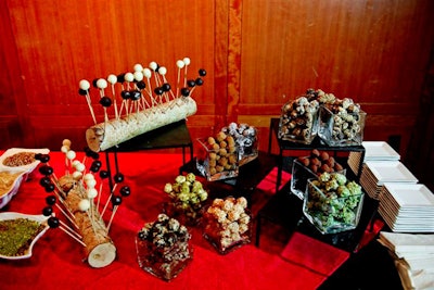 Esprit Events is offering live chocolate truffle rolling stations as a dessert option. Guests pick either a citrus chocolate or lemon cognac truffle-on-a-stick and, with the help of pastry chef Christine Santos, dip the truffles in white or dark chocolate and roll it in their choice of premade toppings, which include pretzels, gingerbread, wasabi peas, coconut, cocoa, cinnamon, crushed potato chips, pistachios, crushed almonds, or graham crackers. The station can also feature prerolled truffles.