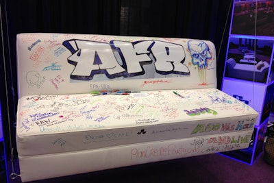 The new graffiti-inspired 'Tag It' line from AFR Event Furnishings includes items such as leather sofas, chairs, acrylic tables, and ottomans that guests can permanently leave their mark on with Sharpies at events. The furniture items, which are for sale only, can be displayed in the office post-event.
