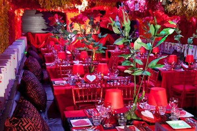 For an Alice in Wonderland-themed bat mitzvah at Greenhouse in New York, Maya Kalman of Swank Productions decorated the dinner area with accents inspired by the Queen of Hearts.