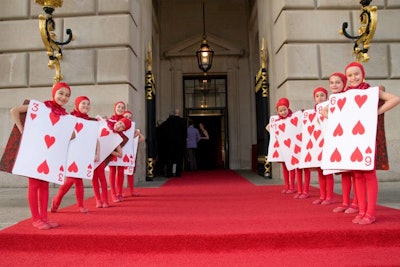 The Washington Ballet turned to its production of Alice for inspiration when designing its annual gala in April. Organizers tapped Syzygy Event Productions to produce the event. Guests were greeted by younger members from the ballet school dressed like the card guards from Alice in Wonderland.