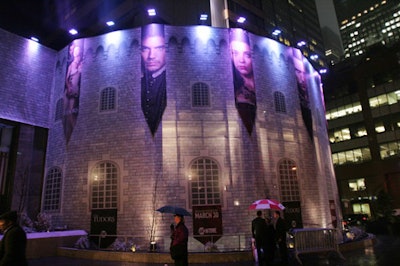In 2008, when Showtime hosted the premiere party for the second season of The Tudors at the Sheraton Hotel & Towers, the network made a big impression by covering the property's enormous rotunda in mesh vinyl. With a stone pattern and carefully placed windows that aligned with the building's, the fabric draping made the exterior look like a castle, while brightly colored polyfabric banners publicized the event and the show's cast.