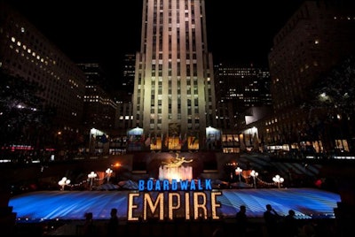For the 2010 Boardwalk Empire premiere, HBO spared no expense, hosting three parties to promote its new series. The event in New York turned Rockefeller Center’s Rink Bar, Sea Grill, and Rock Center Café into a Prohibition-style speakeasy, and an illuminated sign for the show at the entrance referenced the bright signs on the Atlantic City boardwalk from that era.