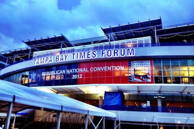 Karl's Event Services erected about three-quarters of a mile of tented walkways leading into the Tampa Bay Times Forum. The company also created a 3,000-square-foot temporary structure on a deck above the entrance that served as Mitt Romney's private hospitality suite.