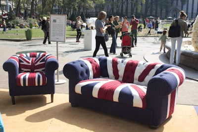 Nuage Designs created custom wool lounge furniture for the event, including a sofa and an armchair emblazoned with the Union Jack.