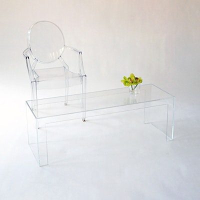 Taylor Creative Inc. is now carrying Kartell's invisible coffee table. Ideal for pairing with Louis Ghost chairs, the sleek Lucite tables rent for $150 each, and there are 16 available.