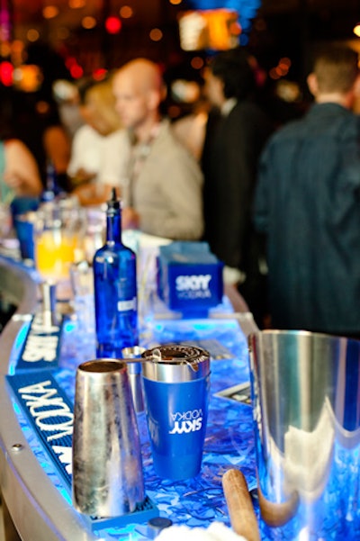 Between Real Sports and E11ven, Skyy Vodka hosted a bar adorned with blue bottles.