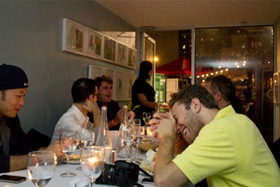 Too bad about half the seats were empty in each room. Despite Time Out New York and New York magazine mentions, there was a sense that nobody was running this dinner. In fact we just asked Andrew our photographer to sit down. Later, during the downpour—did I forget to mention that?—the novelty might have worn off a bit. Penguin Books editor in chief Patrick Nolan waited it out, even when the air-conditioner hole became a real wetness (and lightning) liability. The six-course meal took forever, but I still tipped the waiters, who worked with umbrellas and stayed upbeat.