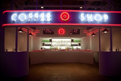 As a whimsical way to incorporate a bar into the pop-up for the private event, the production team built a diner-style 'coffee shop.'