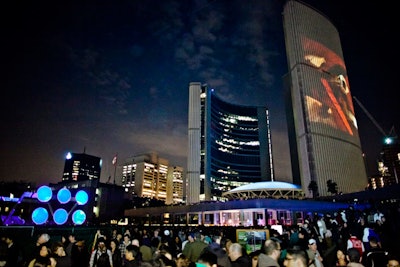 Nuit Blanche turned City Hall into the Museum of the End of the World. Christine Davis' video installation 'World Without Sun' was projected onto six circular screens outside. A second video, 'Once Upon a Time' from artist Tania Mouraud, was projected on to the east tower of City Hall.