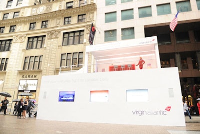 Situated in the financial district, just south of the New York Stock Exchange, Virgin Atlantic's pop-up business panel put Sir Richard Branson and two panelists on a 20-foot-tall platform. The idea was to recreate the redesigned bar in its business-class cabin and the conversations that might take place at it. Relevent produced the event, which, from concept to execution, took about three and half weeks.