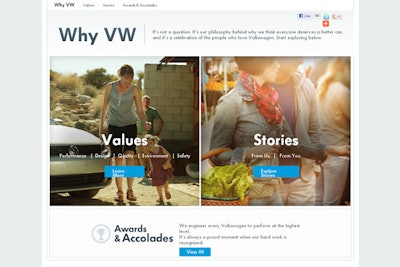 Content for the 'Why VW' campaign is divided into two sections online. 'Values' includes content produced by Volkswagen to educate consumers on its core values. 'Stories' consists primarily of text, photos, and videos uploaded by Volkswagen owners and fans. At upcoming auto shows, Volkswagen will display some of the videos and also have iPads available for consumers to access the online site.