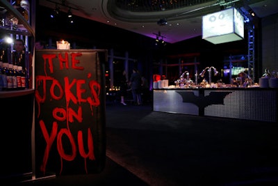 Recalling the movie's dark themes and visuals, the premiere party for Dark Knight in 2008 had red-painted graffiti on the walls, tables, and windows of the Mandarin Oriental ballroom in New York.