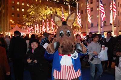 Actors dressed as donkeys, elephants, or even Uncle Sam can provide tongue-in-cheek entertainment, as they did for the crowd gathered at Rockefeller Center when NBC hosted its 'Election Plaza' in 2008.